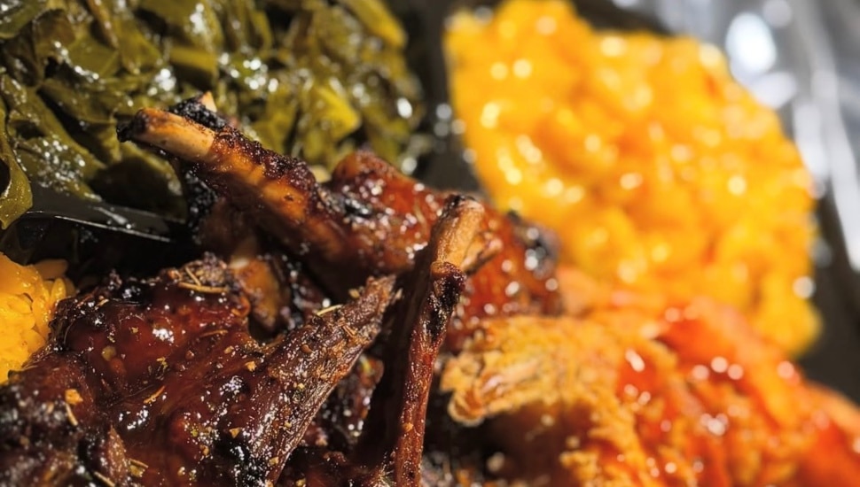 Macaroni & cheese, ribs, and collard greens.