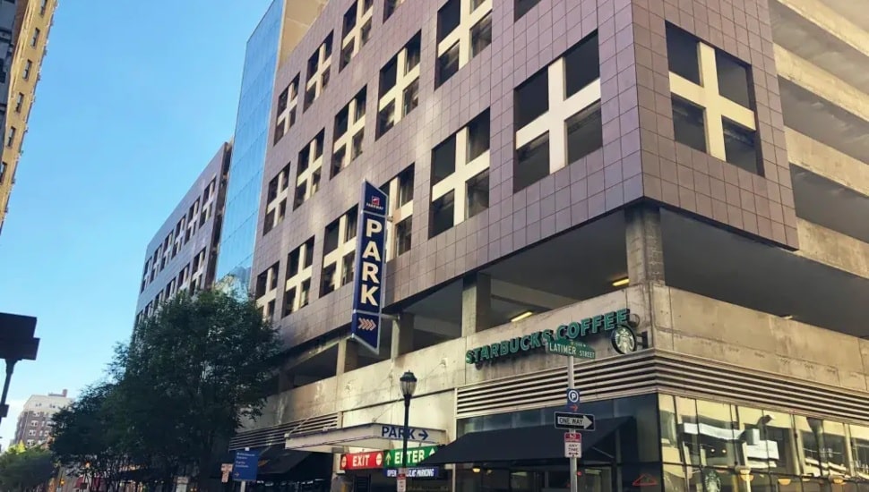 Exterior of the parking garage at 1501 Spruce Street.