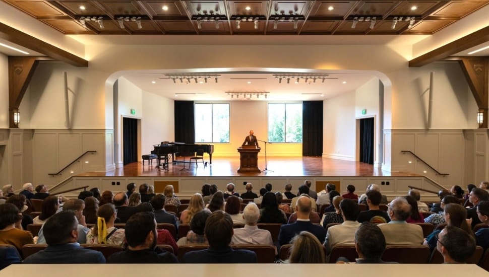 Blessing ceremony in packed auditorium.