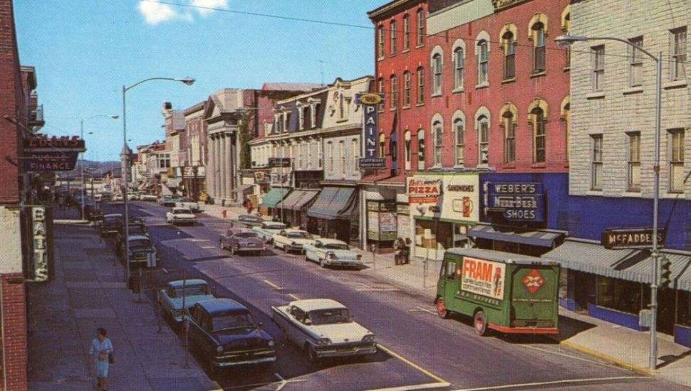 An aerial view of historic downtown Phoenixville.
