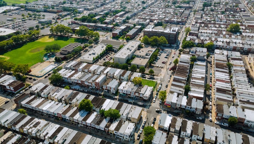 Aerial view of the urban row houses of neighborhood in Philadelhpia.