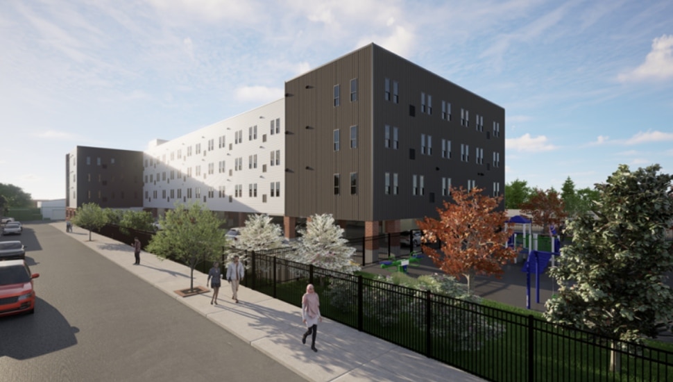 Rendering of Sepviva Lofts with people walking past.