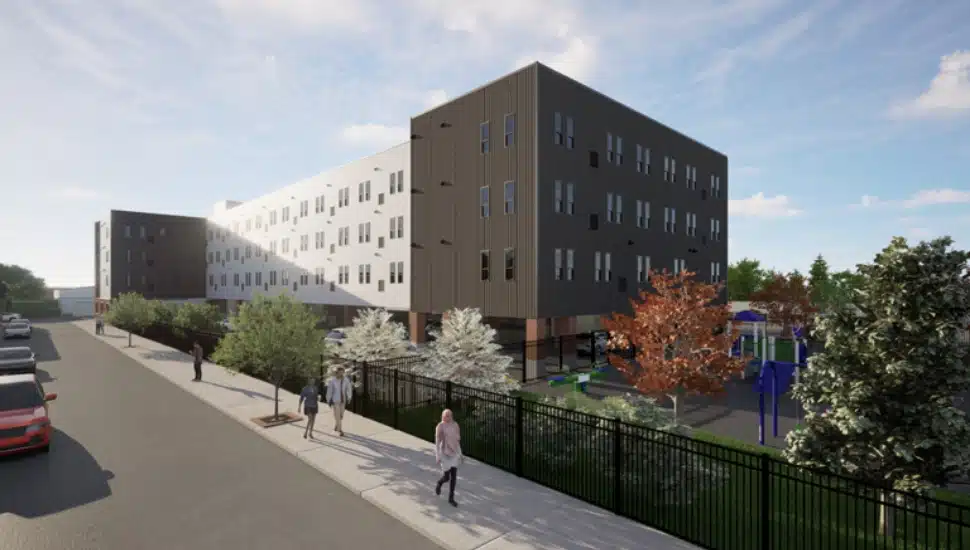 Rendering of Sepviva Lofts with people walking past.