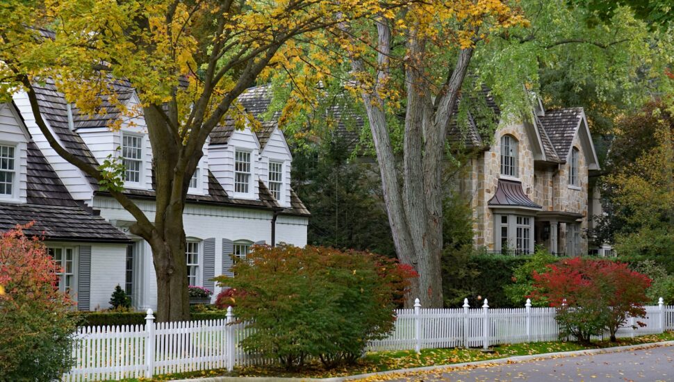 Residential street with nice homes in fall.