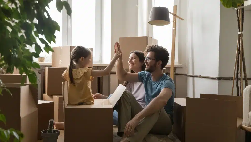 Young family with little daughter giving high-five while surrounded by boxes.