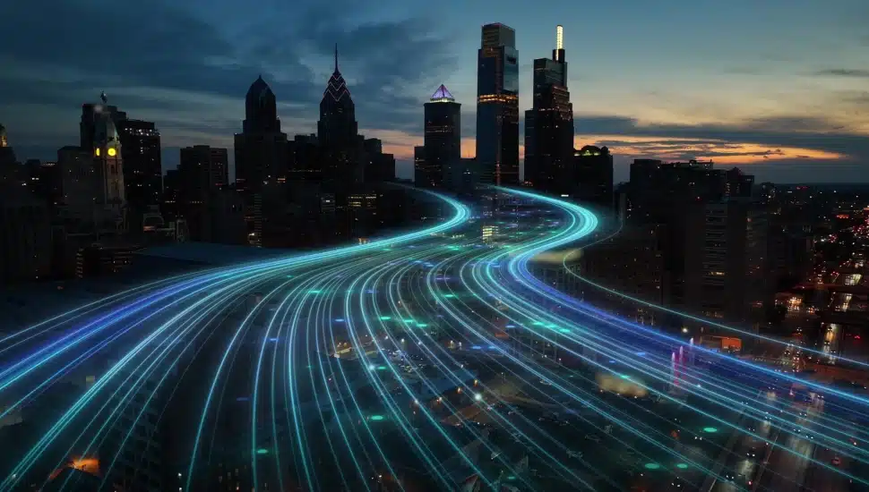 Smart city digital transformation development concept. Band lights over modern urban cityscape at night.