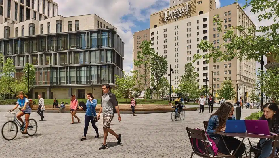 Students walking on Drexel University's campus.