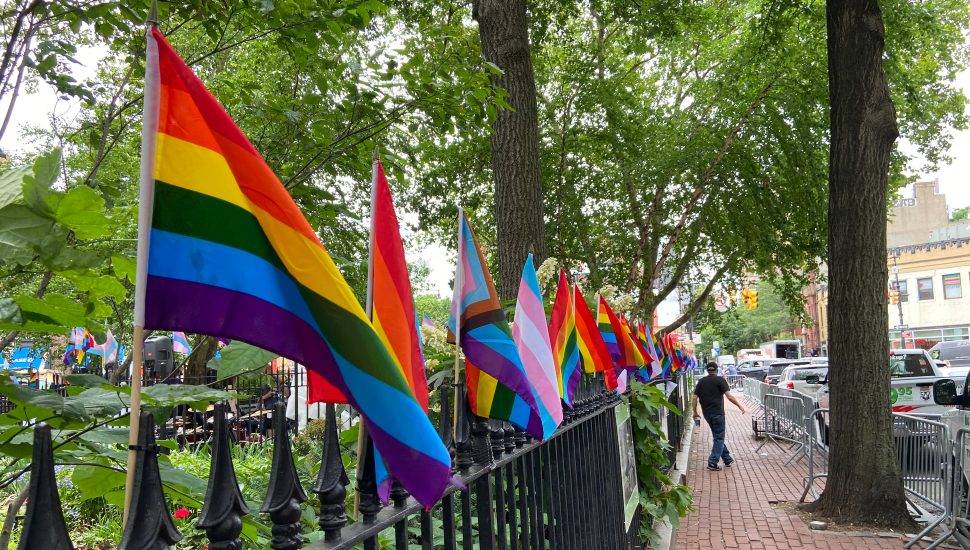 Pride flags on iron fence in New York.