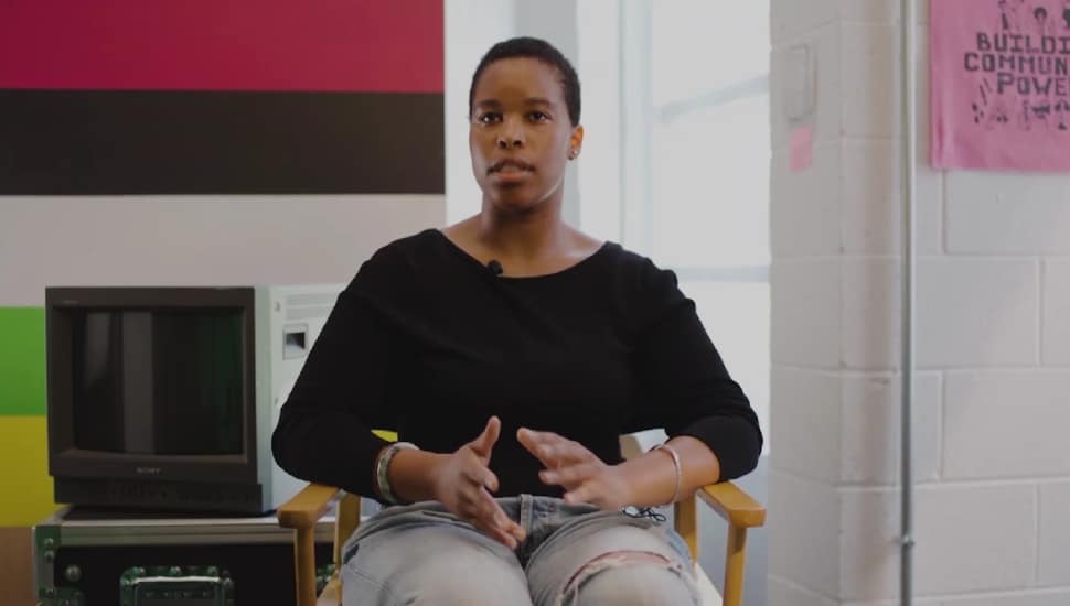 Alexa Colas talking at PhillyCAM studio.