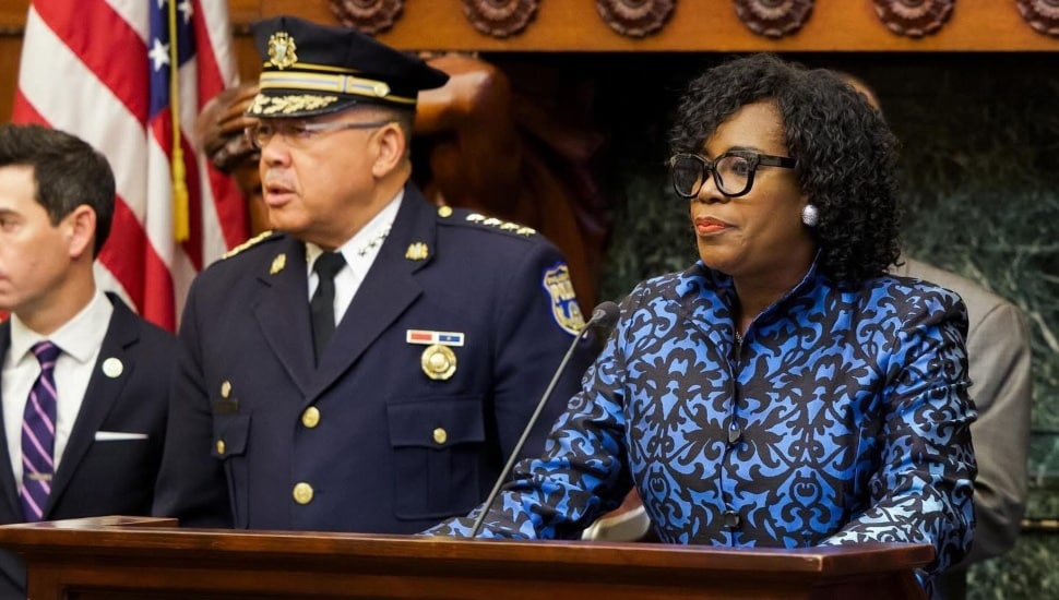Kevin Bethel (left( and Cherelle Parker (right) at the podium in City Hall.