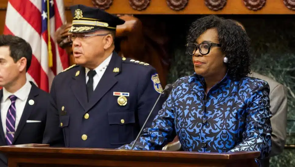Kevin Bethel (left( and Cherelle Parker (right) at the podium in City Hall.