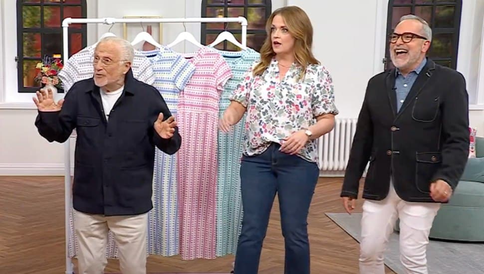 QVC designer Stan Herman, at left, with two QVC team members on air for QVC.