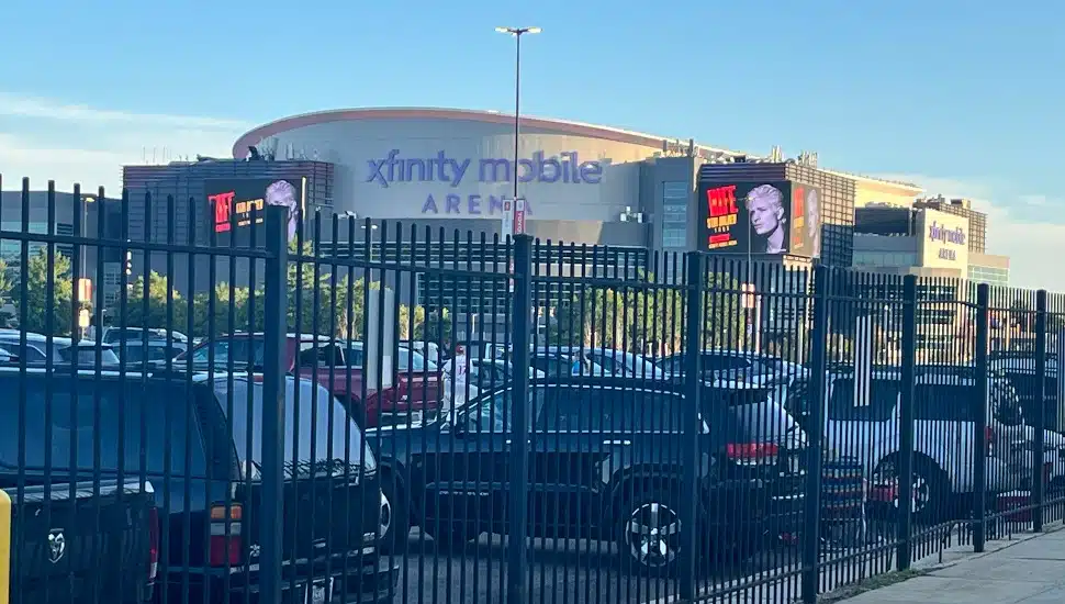 Xfinity Mobile Arena behind parking lot gate.