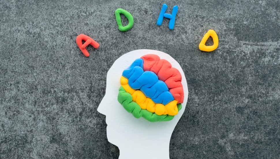 A brain model crafted from colorful materials rests on a white head silhouette, with the letters ADHD on a concrete background.