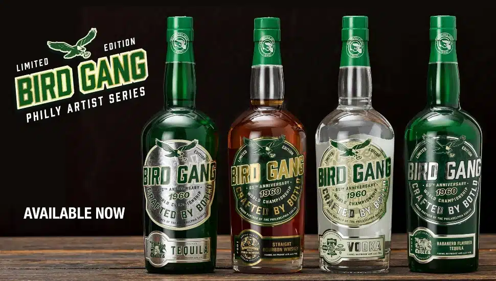 The new Bird Gang Philly Artist bottles of tequila, straight bourbon whiskey, vodka, and habanero flavored tequila.