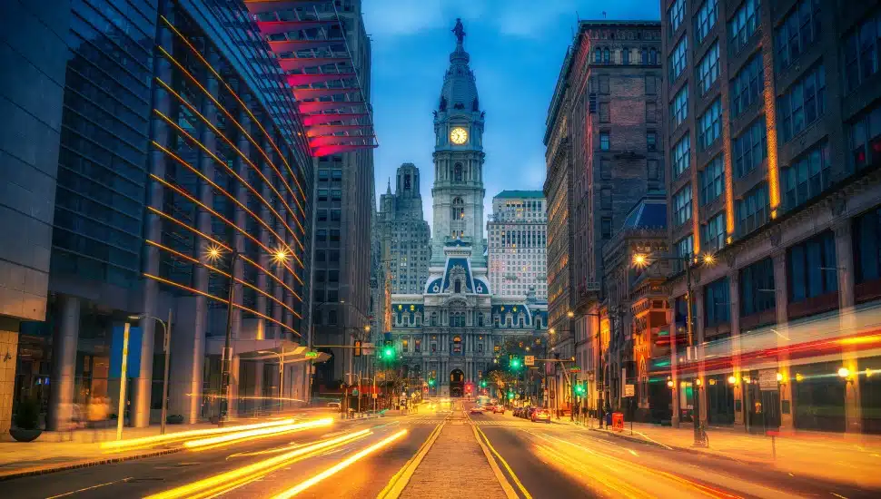 Philadelphia's City Hall at dusk.