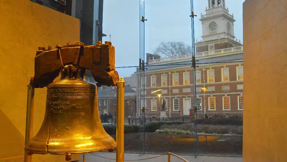 The Liberty Bell and Independence Hall.