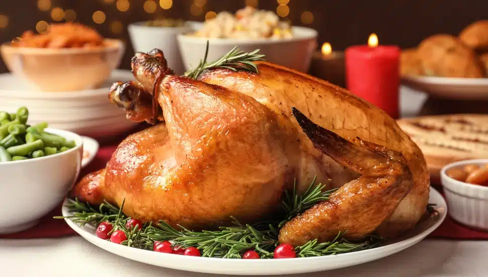 A roasted turkey with festive garnishes on a white plate.