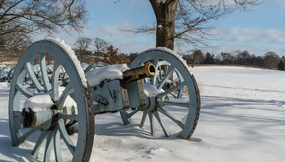 Snow covered Revolutionary War cannons at Valley Forge National Historical Park