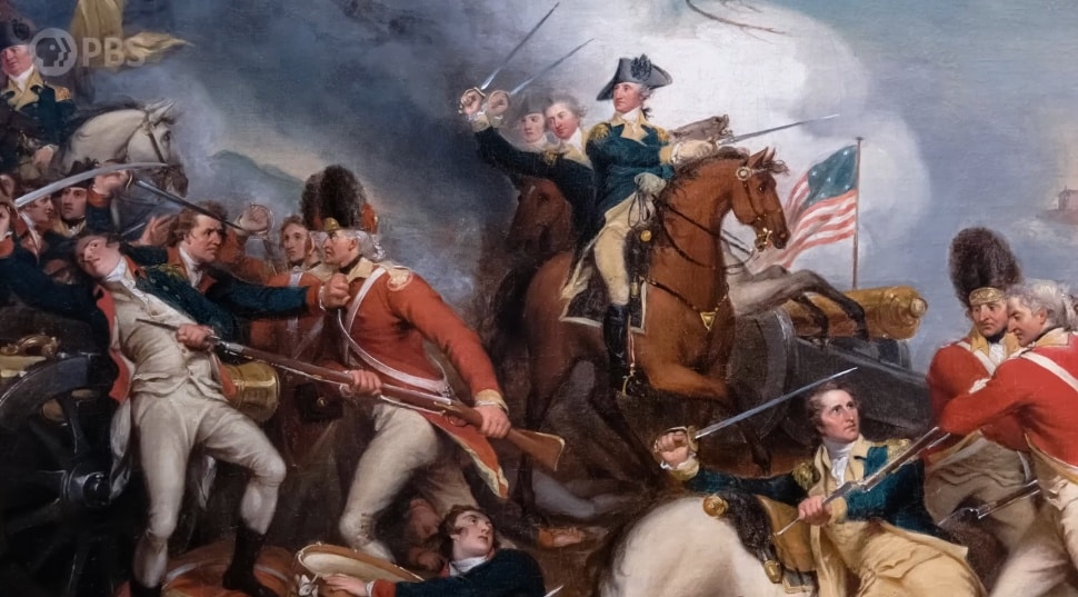 Washington on a horse in battle in The American Revolution.