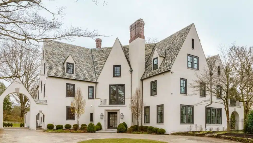 Front of the exterior of a Chestnut Hill estate that has been put on the market.