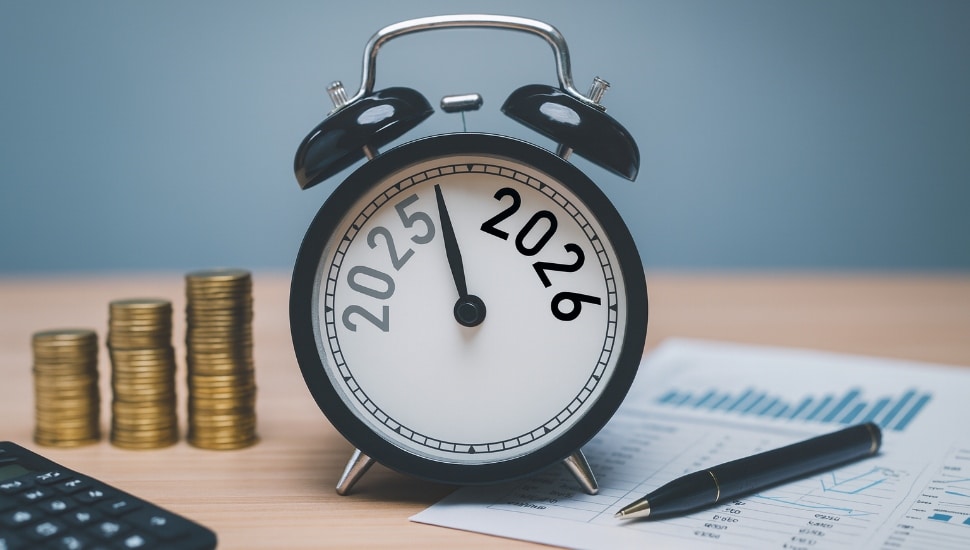 2025 and 2026 on black alarm clock on wooden table