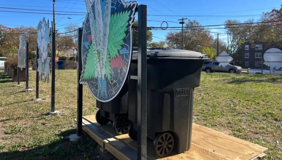 Two large trash cans at Empowered CDC’s first community waste disposal site on Elmwood Avenue in Southwest Philadelphia.