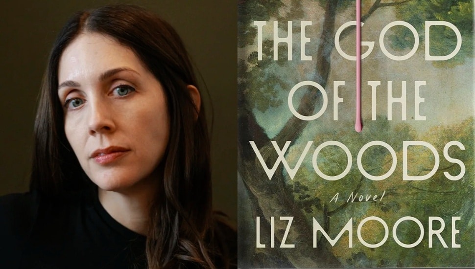 Liz Moore and a closeup of her novel, "The God of the Woods."