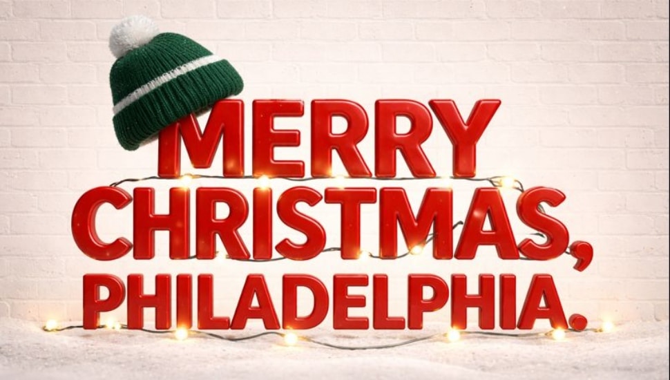 3D "MERRY CHRISTMAS" lettering with glossy red letters, adorned with a Eagles hat and festive string lights.