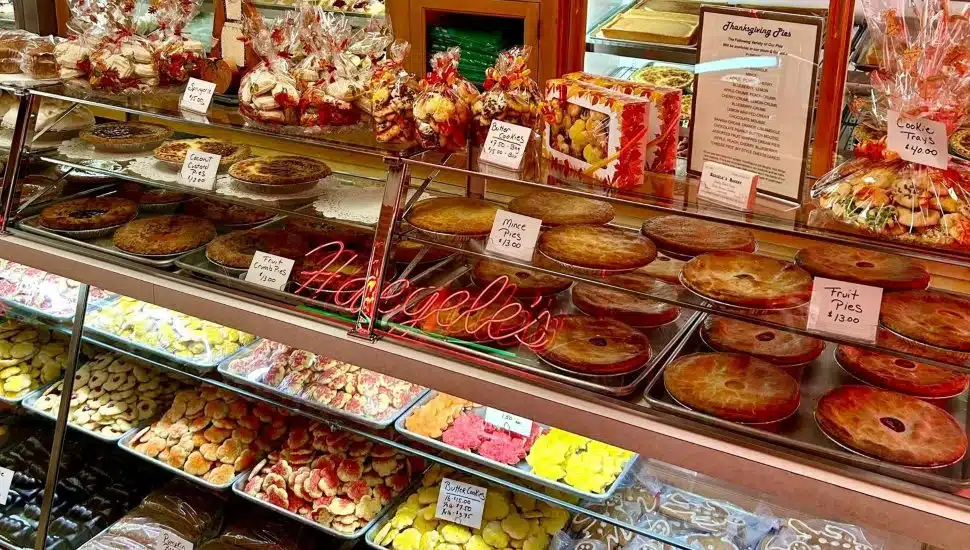Baked goods behind a window inside Haegele's Bakery.