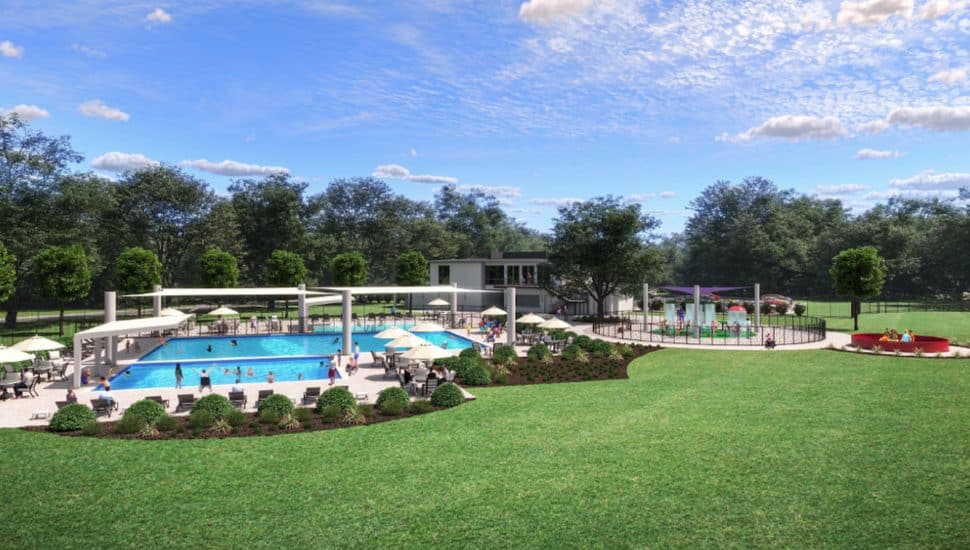 Rendering of Playa Raya with pool, splash pad, and pool building.