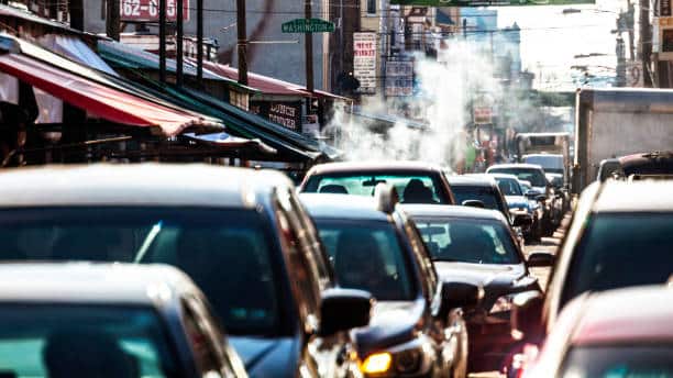 A closeup of cars in Philadelphia traffic.