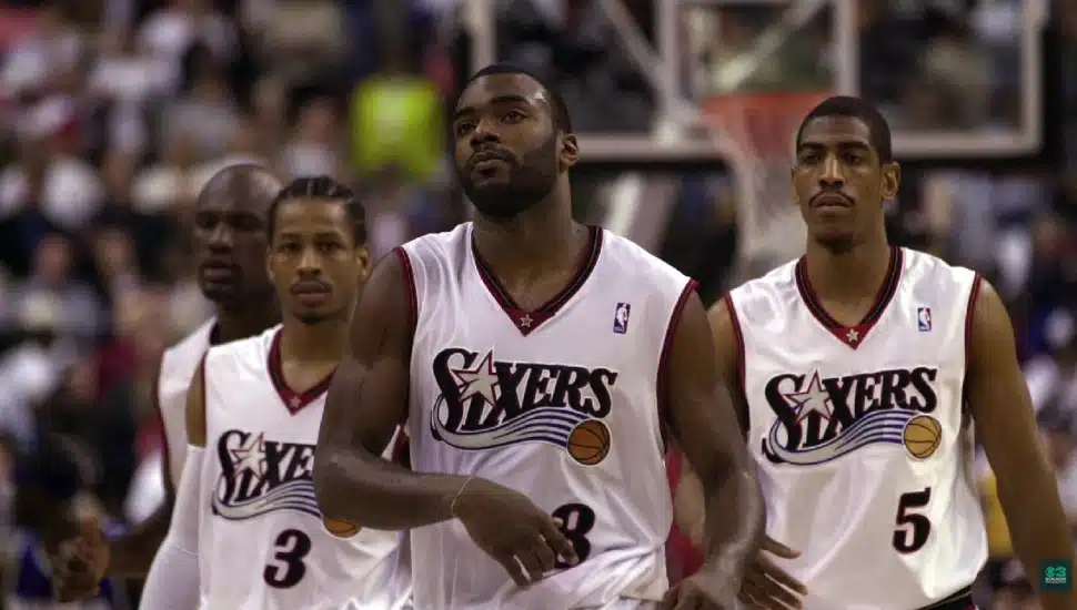 Jumaine Jones, Allen Iverson, Aaron McKie, and Kevin Ollie on the court while with the Sixers.