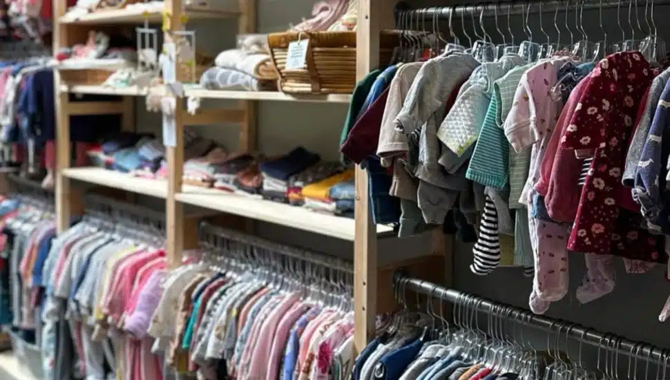 Baby clothing on hangers inside Nesting House.