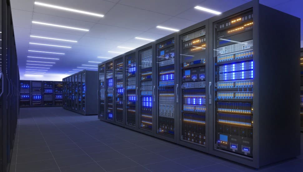 Black storage and processing unit, large AI processing server room, data center storage.
