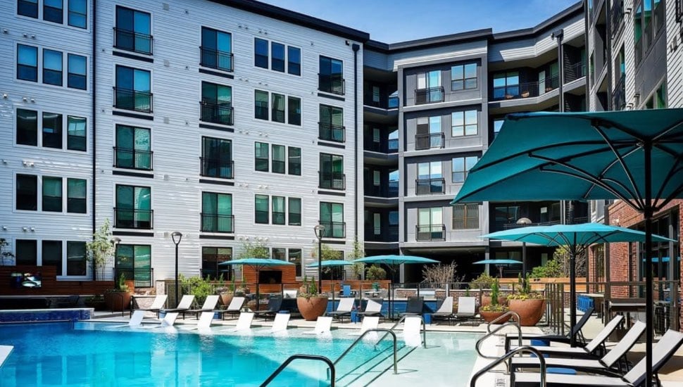 The Notion Decatur’s apartment buildings overlook the pool area.