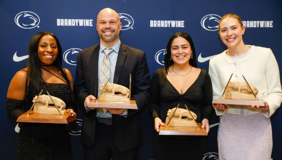 From left to right are Brianna Banks, Frank Flaim, Nikki Velez and Katie DeStefano, the newest inductees into the Penn State Brandywine Athletic Hall of Fame.