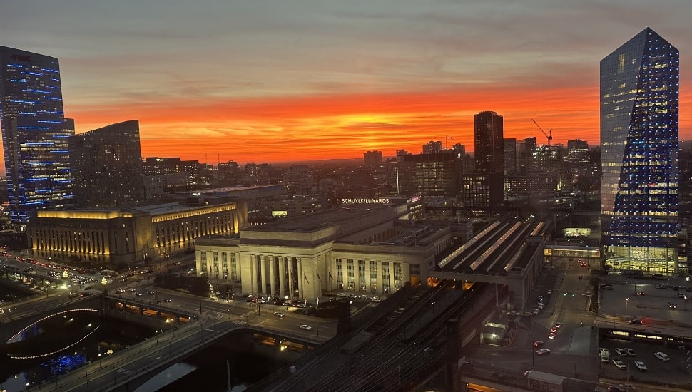 30th Street and University City in Philadelphia at sunset