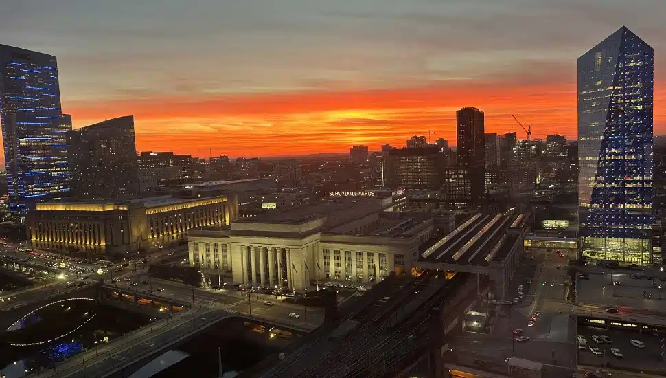 30th Street and University City in Philadelphia at sunset