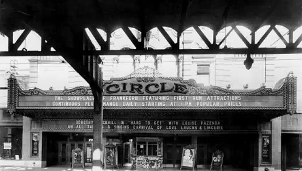 Circle Theater exterior in black and white.