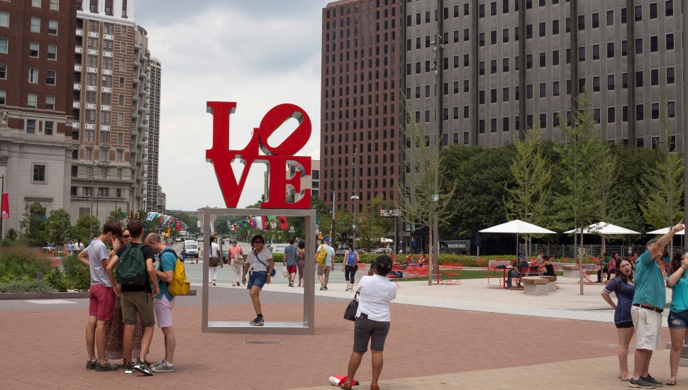 People enjoying LOVE Park.
