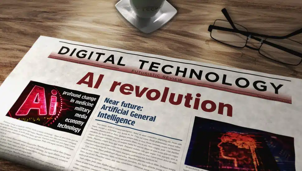 AI revolution newspaper headline on table.