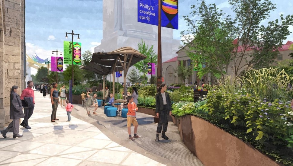 Avenue of the Arts 2.0 rendering with people and green space.