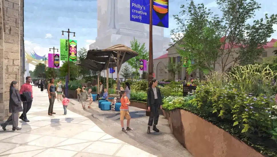 Avenue of the Arts 2.0 rendering with people and green space.