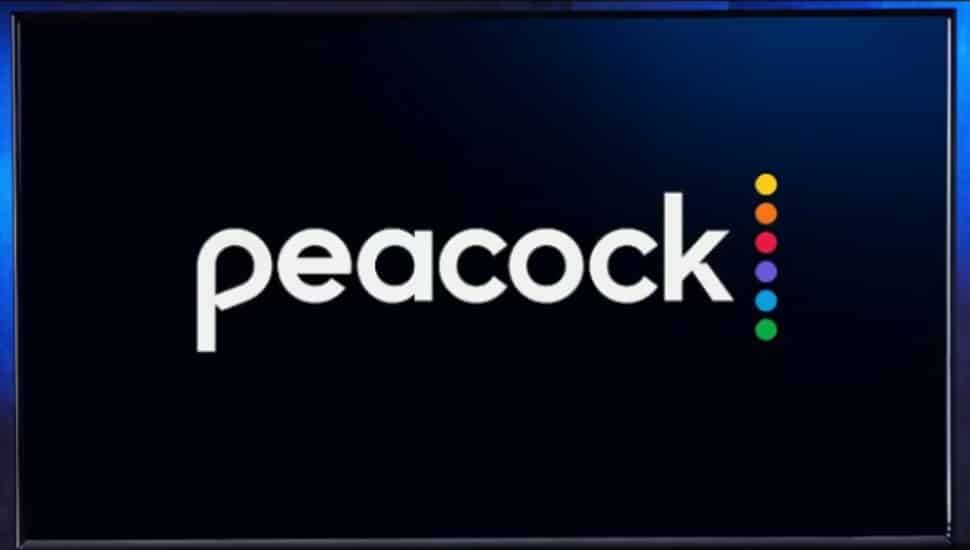 A television displays the Peacock logo.