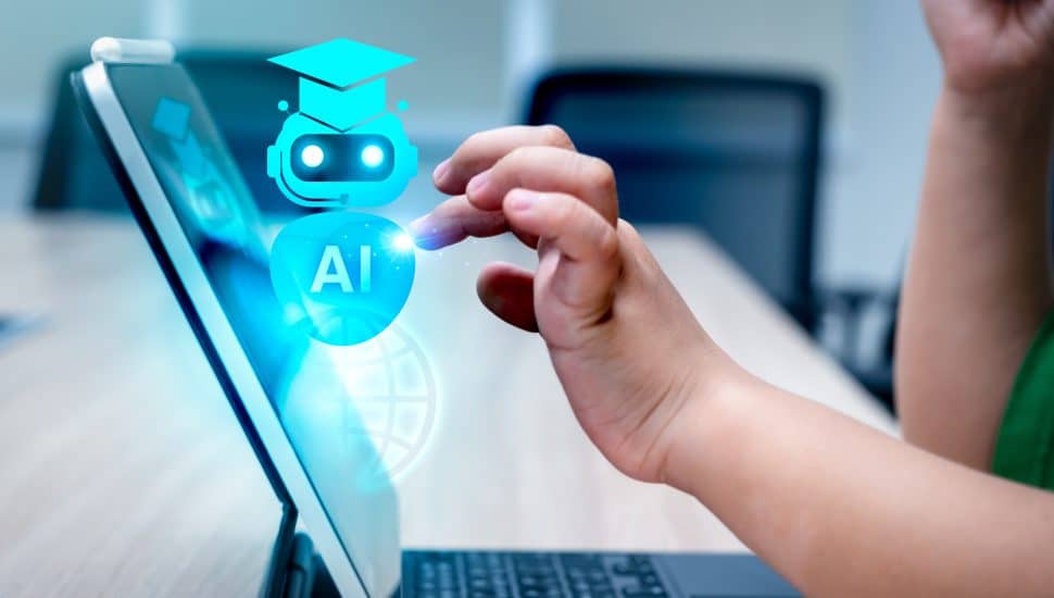 Child using iPad with AI concept robot floating in air.