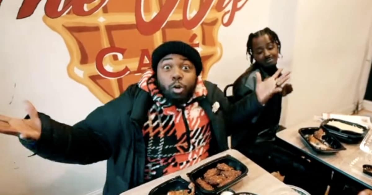 Performers Tizz 215 and Cartier 215 in a promotional rap video for the Wiz, the all-day breakfast spot taking over the Wilson’s Secret Sauce space in Upper Darby. Image via The Wiz.