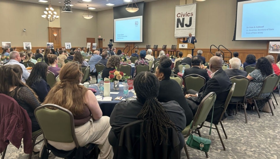 Dale Caldwell, New Jersey lieutenant governor and secretary of state, addresses the CivicsNJ conference at Rutgers University–Camden.
