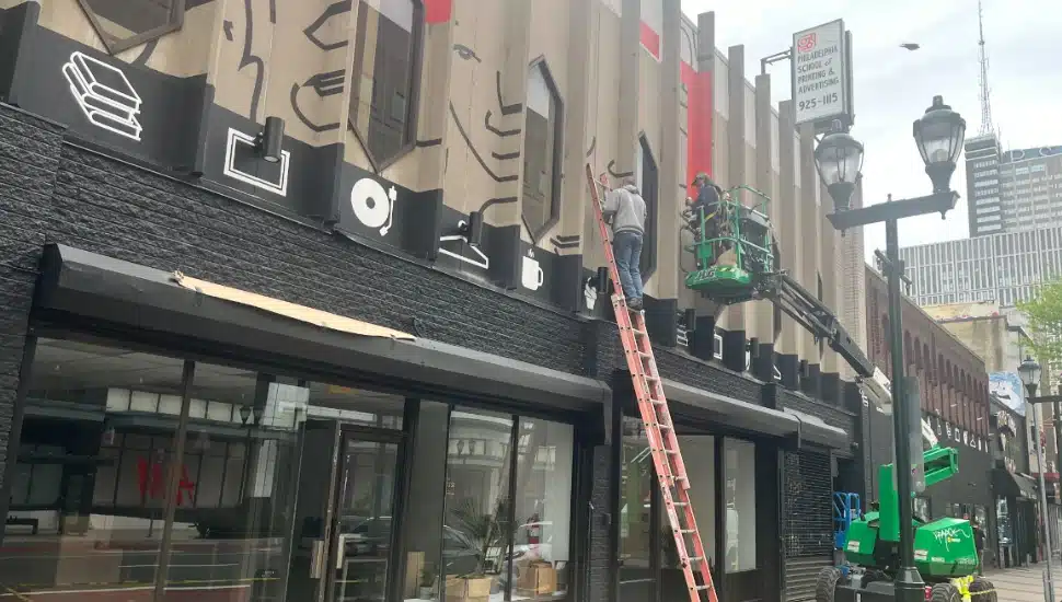 Construction for temporary storefronts on the 900 block of Market Street East.