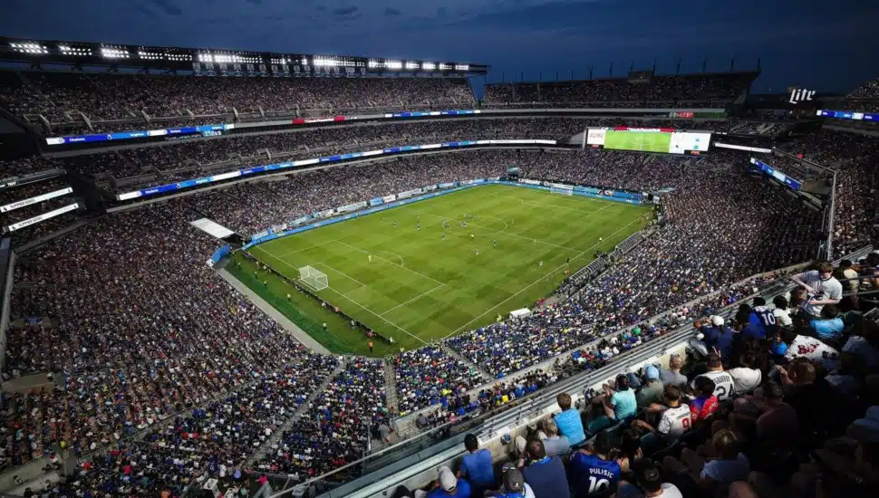Overhead view of Lincoln Financial Field, with crowd shot.